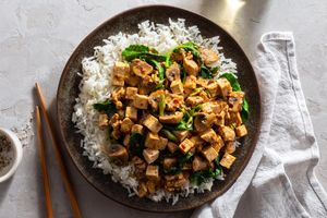 Spicy Sichuan mapo tofu with mushrooms and kale