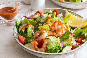 Easy “shrimp cocktail” salad with cucumber, tomato, and basil