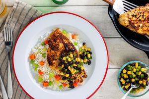 Blackened sole with rice and corn–black bean salsa