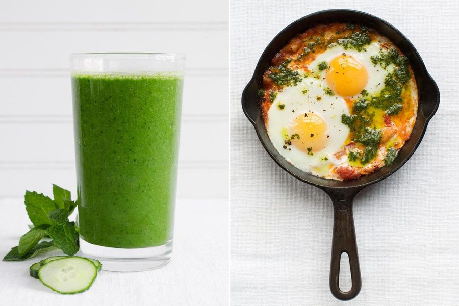 Kale-pineapple smoothies & Mediterranean baked eggs with pistou