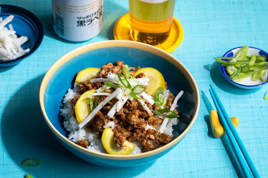 Miso-ginger ground pork and squash donburi over steamed rice