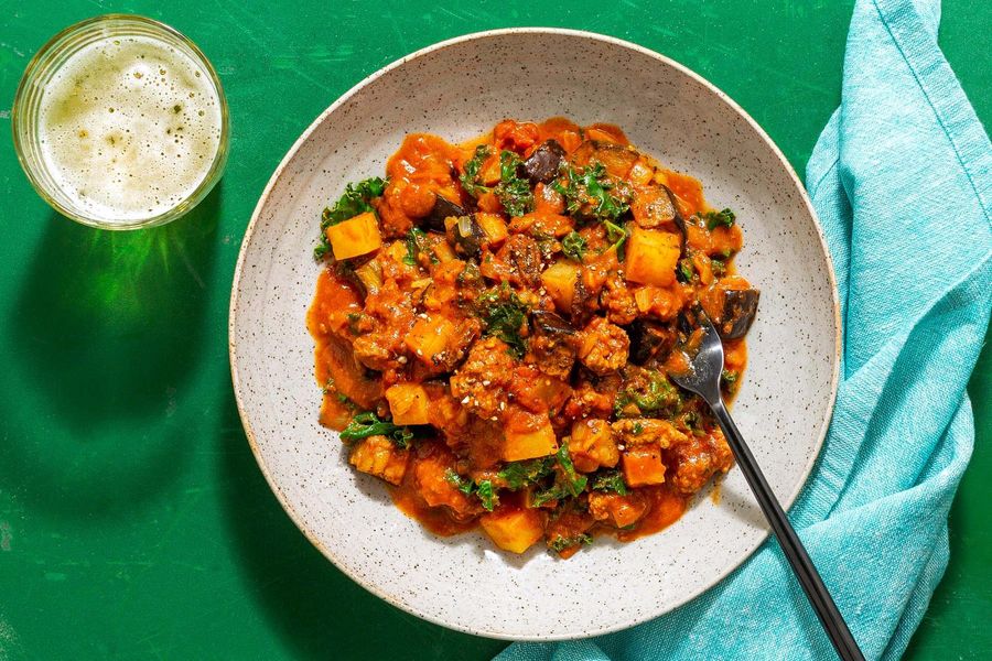 Moroccan Lamb Tagine with Eggplant, FireRoasted Tomatoes, and Raisins