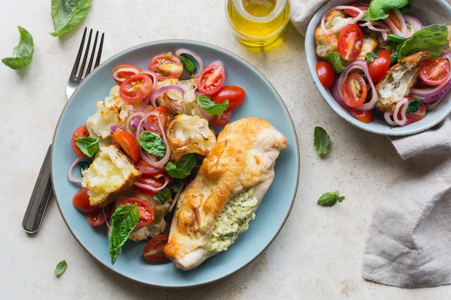 Ricotta stuffed chicken breasts with tomato panzanella