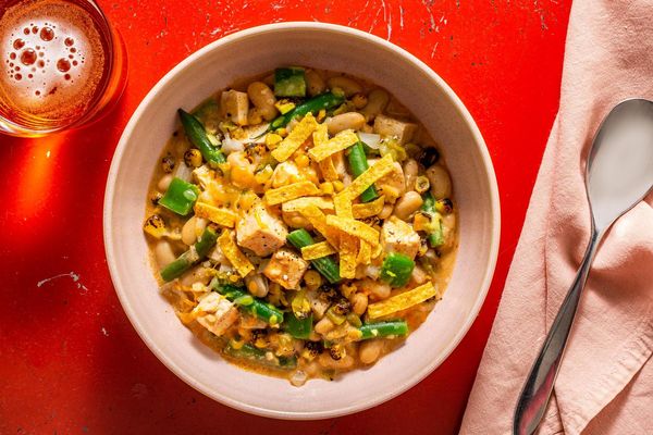 White chicken chili with corn, green beans, and chiles