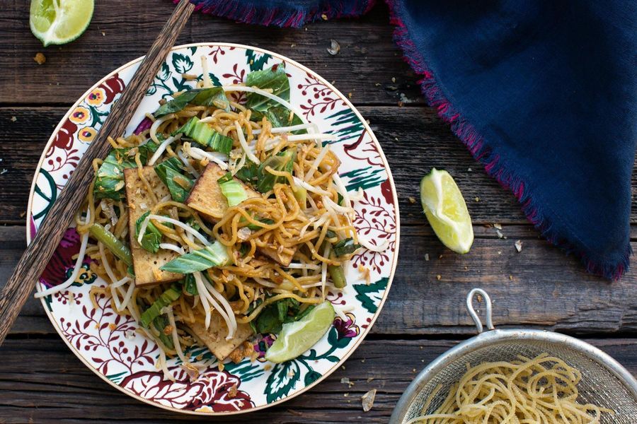 Malaysian mee goreng with braised tofu, egg noodles and bok choy