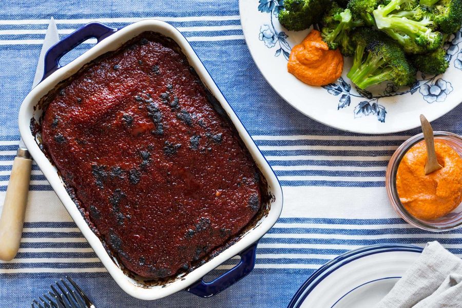 Turkey and pancetta meatloaf with roasted broccoli and romesco