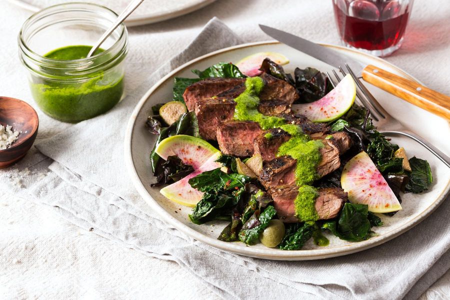 Steak with Italian-style greens and salsa verde