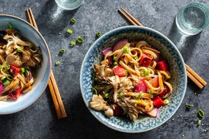 Hoisin-lime noodles with plums, mushrooms, and pickled radish