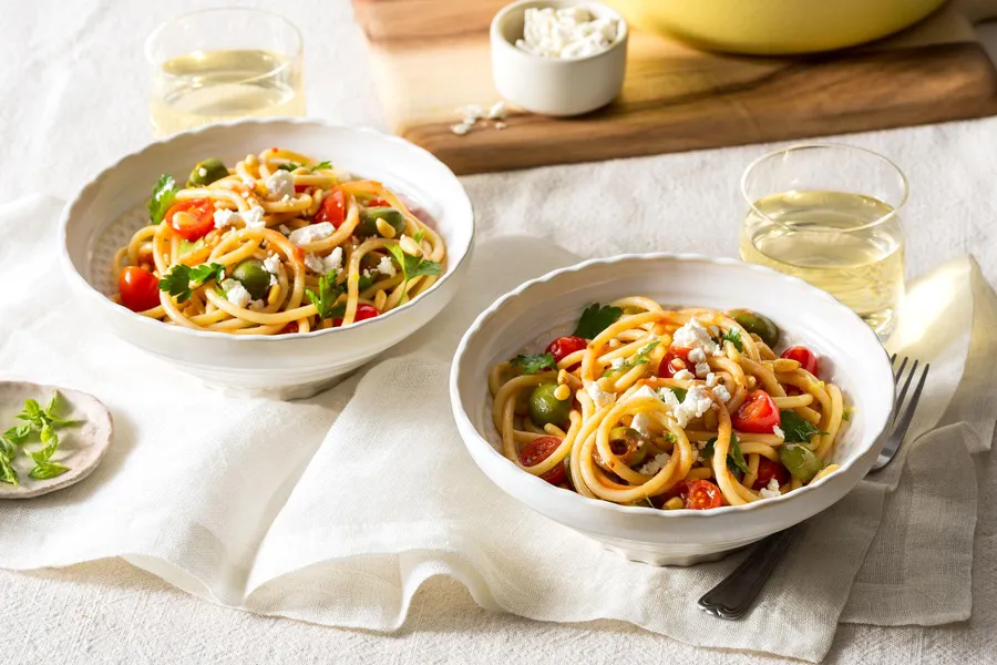 Bucatini pomodoro with olives, pine nuts, and ricotta salata