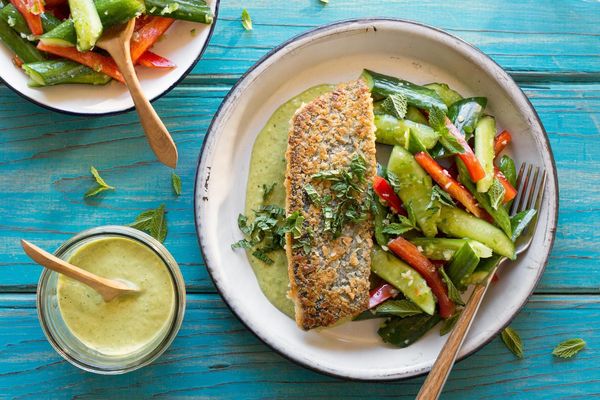 Coconut-crusted trout with smashed cucumbers and mint