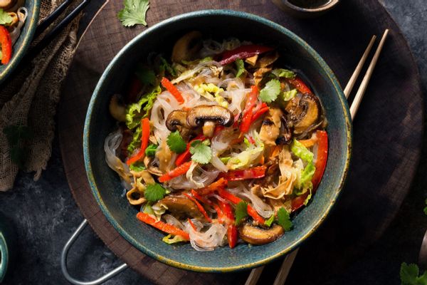 Glass noodle bowls with spicy yuba and stir-fried vegetables