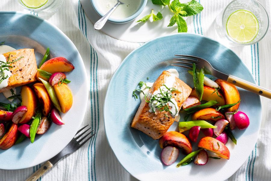 Salmon with “creamy” citrus dressing and stone fruit salad