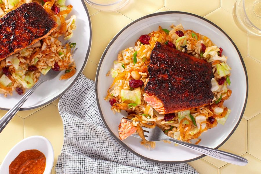 BBQ salmon and Southern-style rice salad with cabbage and cranberries