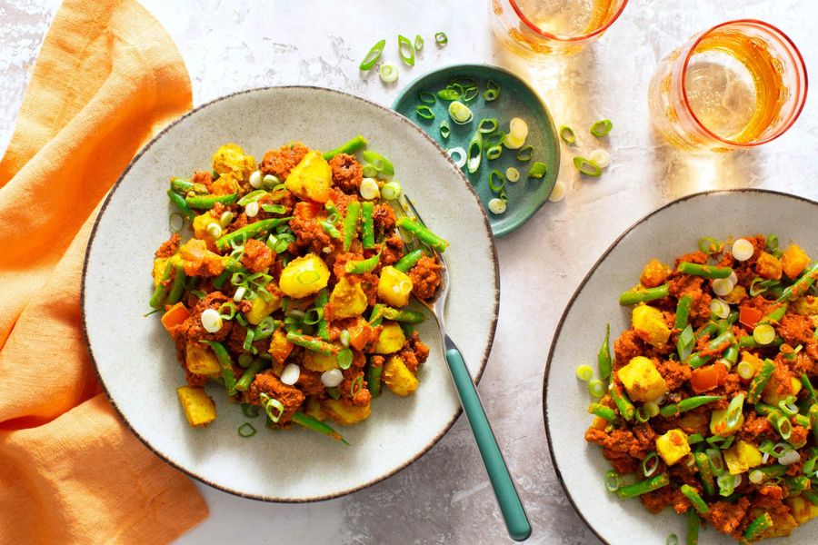 Spiced Pakistani keema with potatoes, green beans, and tomatoes