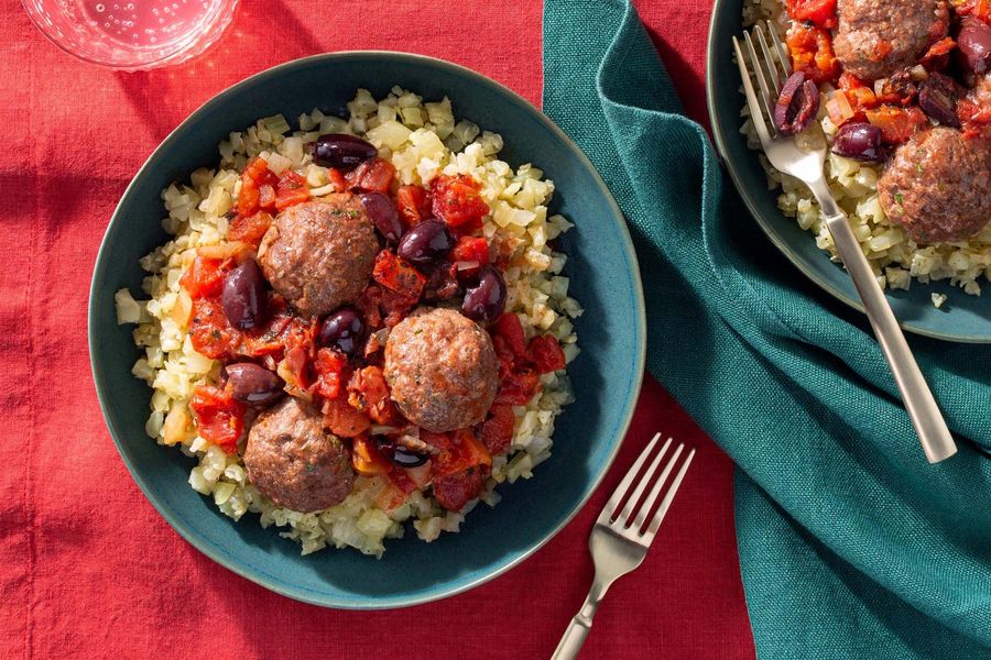 Middle Eastern meatballs over cauliflower “couscous”