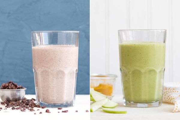 Two breakfasts: Chocolate-almond smoothie & Green apple-turmeric tonic