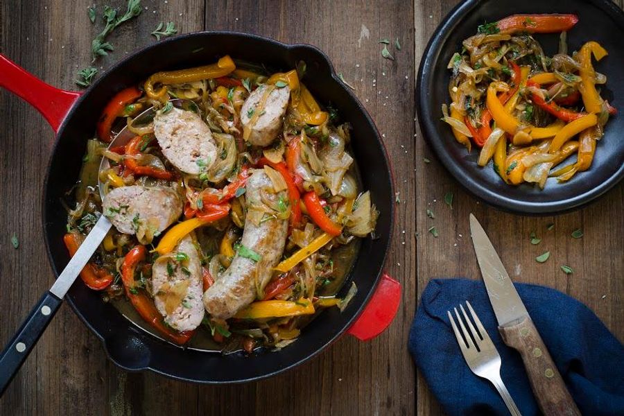 Italian sausage with charred peppers, onions and elephant garlic