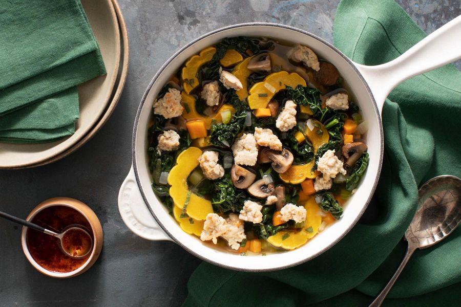 Autumnal turkey soup with delicata squash, kale, and Urfa chile oil
