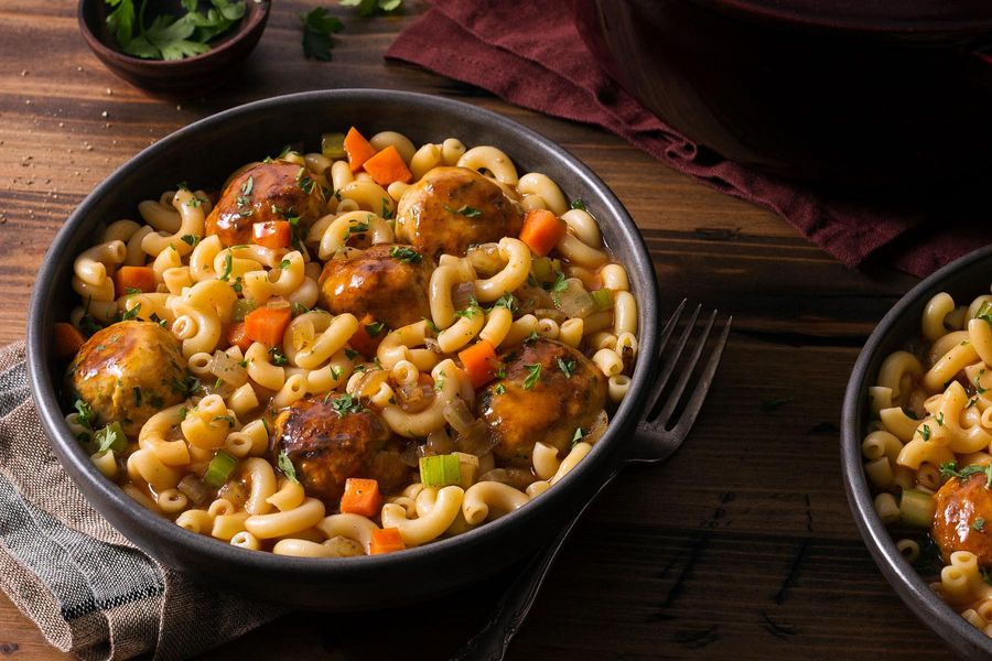 Hungarian chicken-paprika meatballs over quinoa elbow pasta