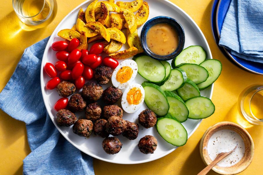 Mediterranean meze platter with lamb meatballs and tzatziki