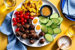 Mediterranean meze platter with lamb meatballs and tzatziki