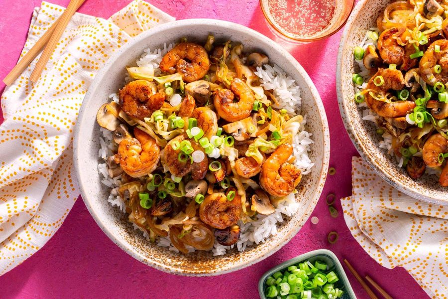 Five-spice stir-fry with cabbage and mushrooms over jasmine rice
