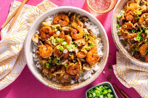 Five-spice pork stir-fry with cabbage and mushrooms over jasmine rice