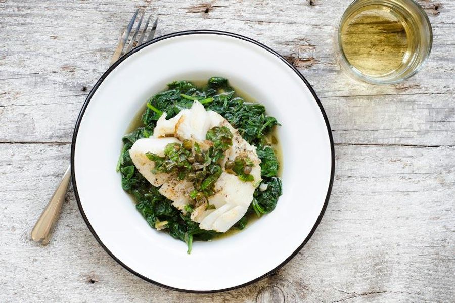 Brown butter fish with basil, capers and spinach 