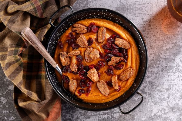 Spiced sweet potato mash with cranberries and maple-glazed pecans