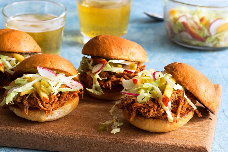 Quick and easy barbacoa pulled pork sliders with Peach Slaw image