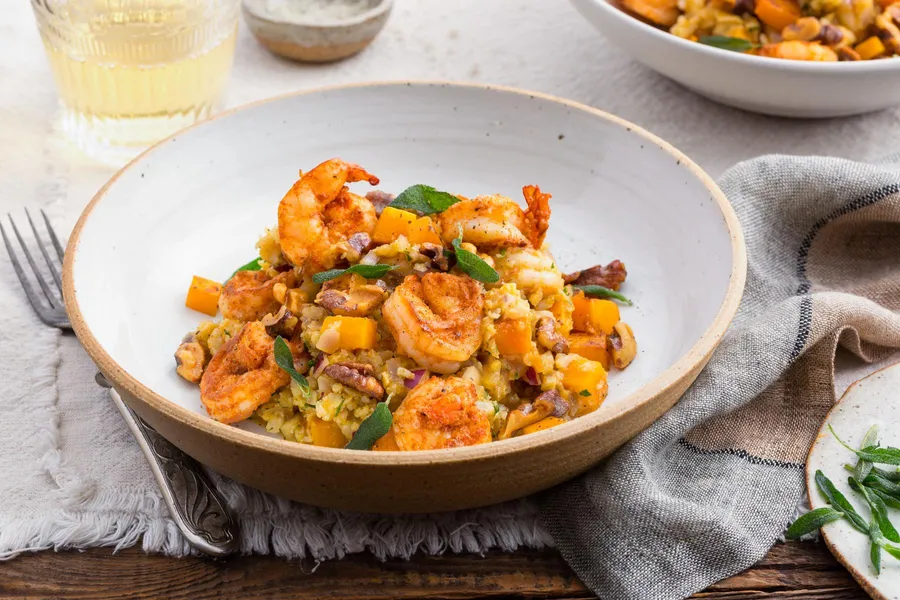 Cauliflower “risotto” with shrimp, butternut squash, and fried sage