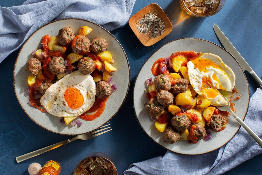 Meatballs with zucchini and your choice of protein over roasted potatoes