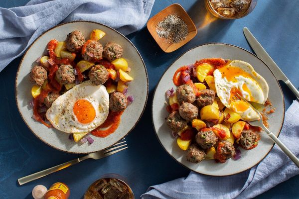 Turkey and zucchini meatballs with roasted potatoes and fried eggs
