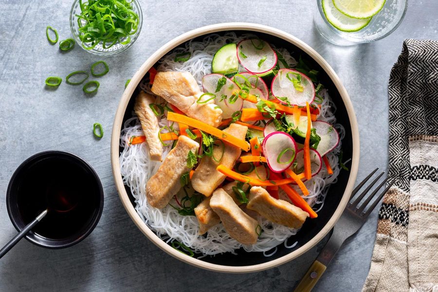 Saigon noodle bowls with braised tofu and cucumber-radish salad