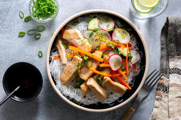 Saigon noodle bowls with braised tofu and cucumber-radish salad