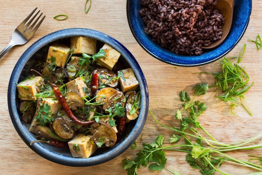 Mapo tofu with cremini mushrooms and red rice