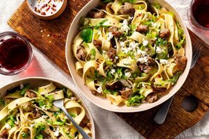 Pappardelle with pork sausage, Brussels sprouts, and feta