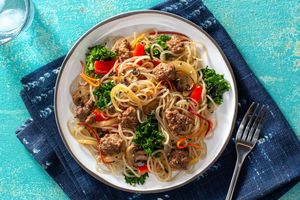 Korean beef japchae with glass noodles, kale, and mushrooms