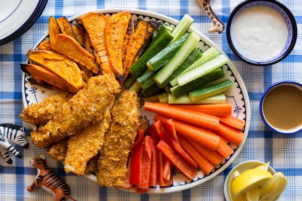 Cornflake-crusted chicken tenders with dipping sauces