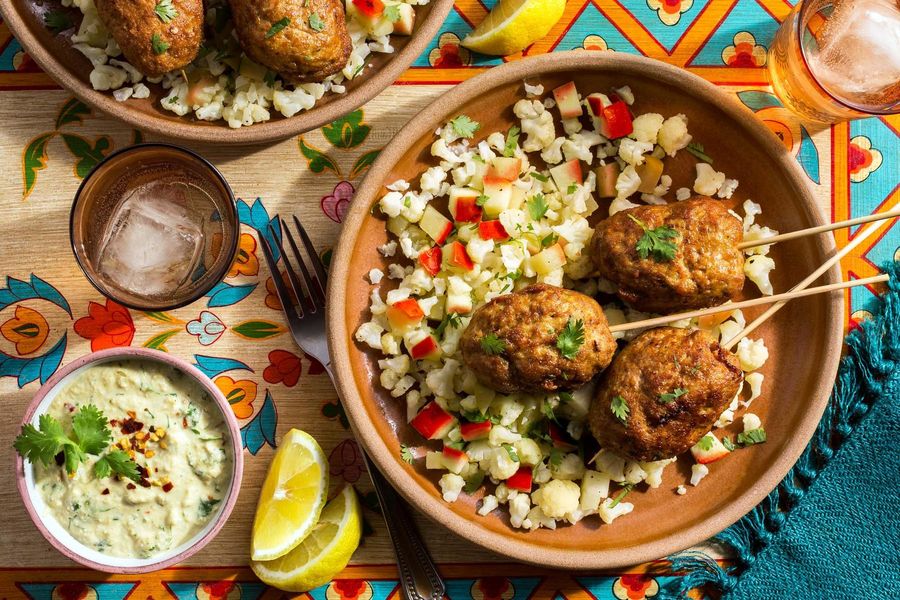 Masala turkey kebabs with cauliflower “rice” and cashew chutney