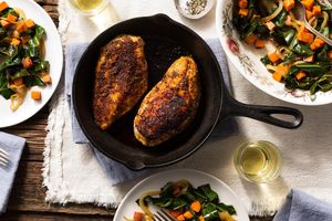 Blackened chicken breasts with collard greens and sweet potato