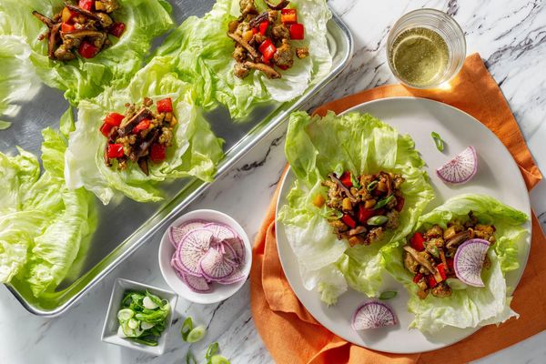 Chinese-style pork lettuce wraps with water chestnuts and pickled daikon