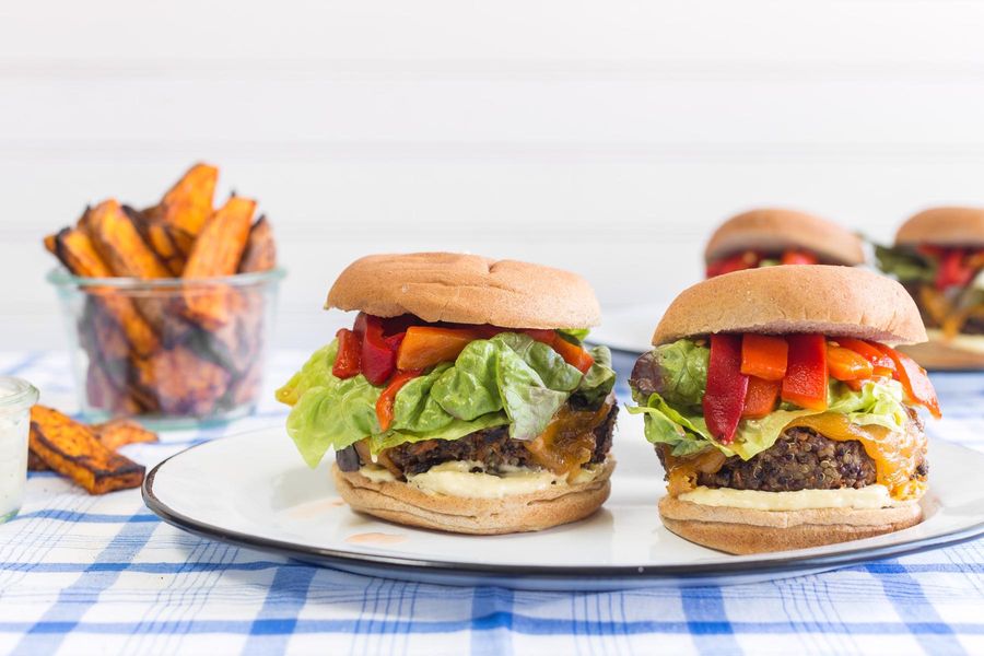 Black bean-quinoa burgers with sweet potato fries