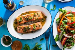 Phuket salmon with carrot and cucumber ribbon salad