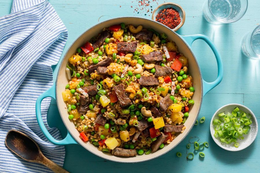 Pineapple fried rice with braised tofu, water chestnuts, and togarashi