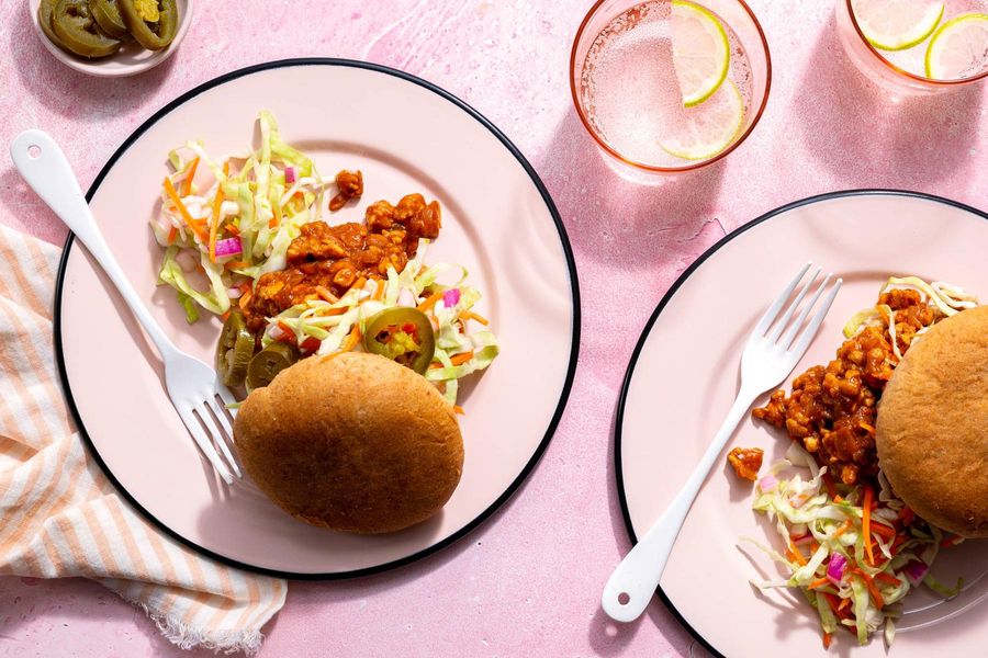 Tempeh sloppy joes with tangy coleslaw and pickled jalapeños
