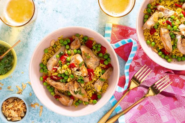 Biryani-style tofu fried rice with ginger chutney