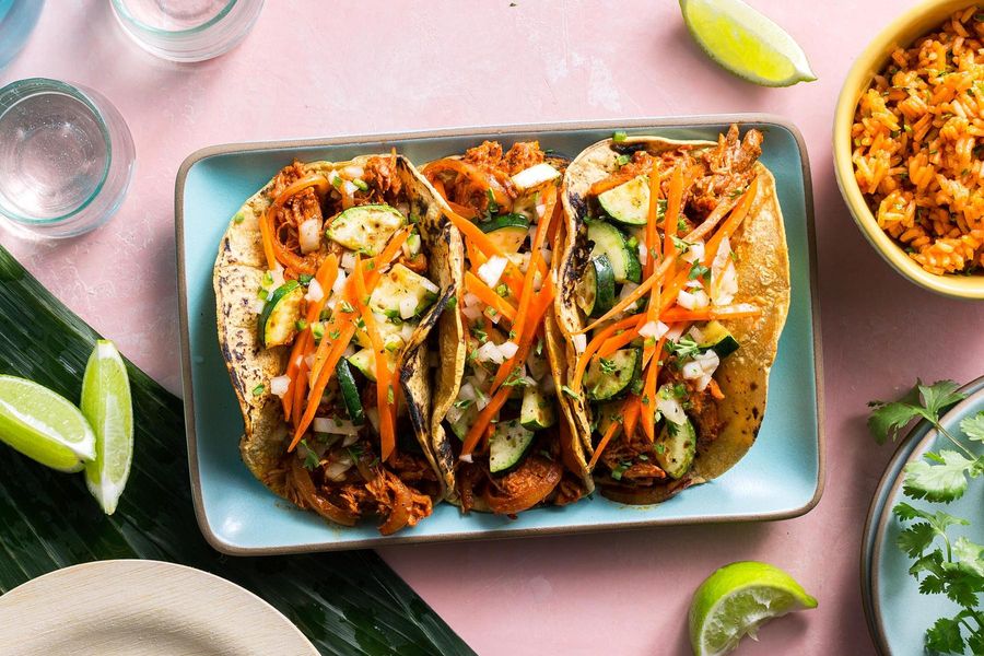 Yucatan Pulled Pork Tacos with Cilantro-Carrot Salsa and Mexican Rice image