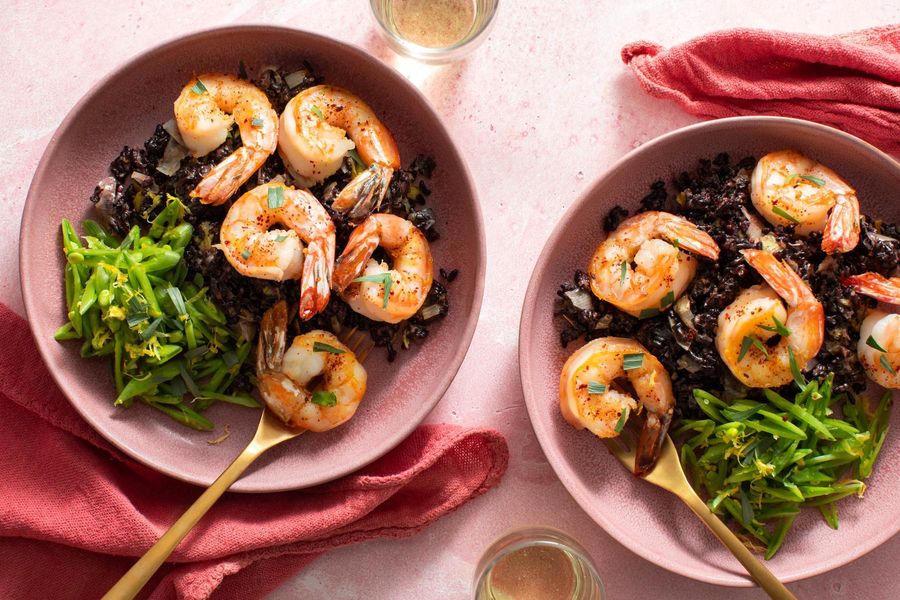 Jumbo shrimp with Parmesan black rice and tarragon–snap pea salad