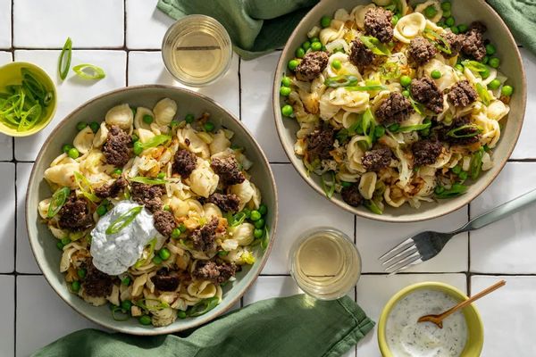 Lamb orecchiette with cabbage, peas, and lemon-dill yogurt